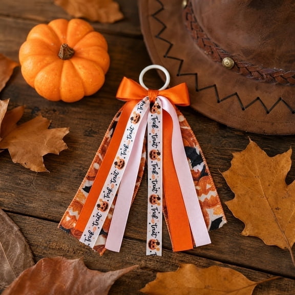 2 Pack, Halloween Ribbon Bow 7 Inch, Ribbon For, Jack O Lantern Decor Accessory for Halloween Party, Orange Printed Tassel Accessory