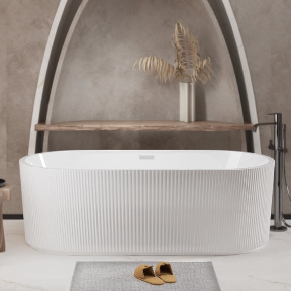 59"Linear AcrylicFreestanding Bathtub Stand Alone Soaker Tub, Glossy White Acrylic, POP-UP Chrome Drain, cUPC Certified