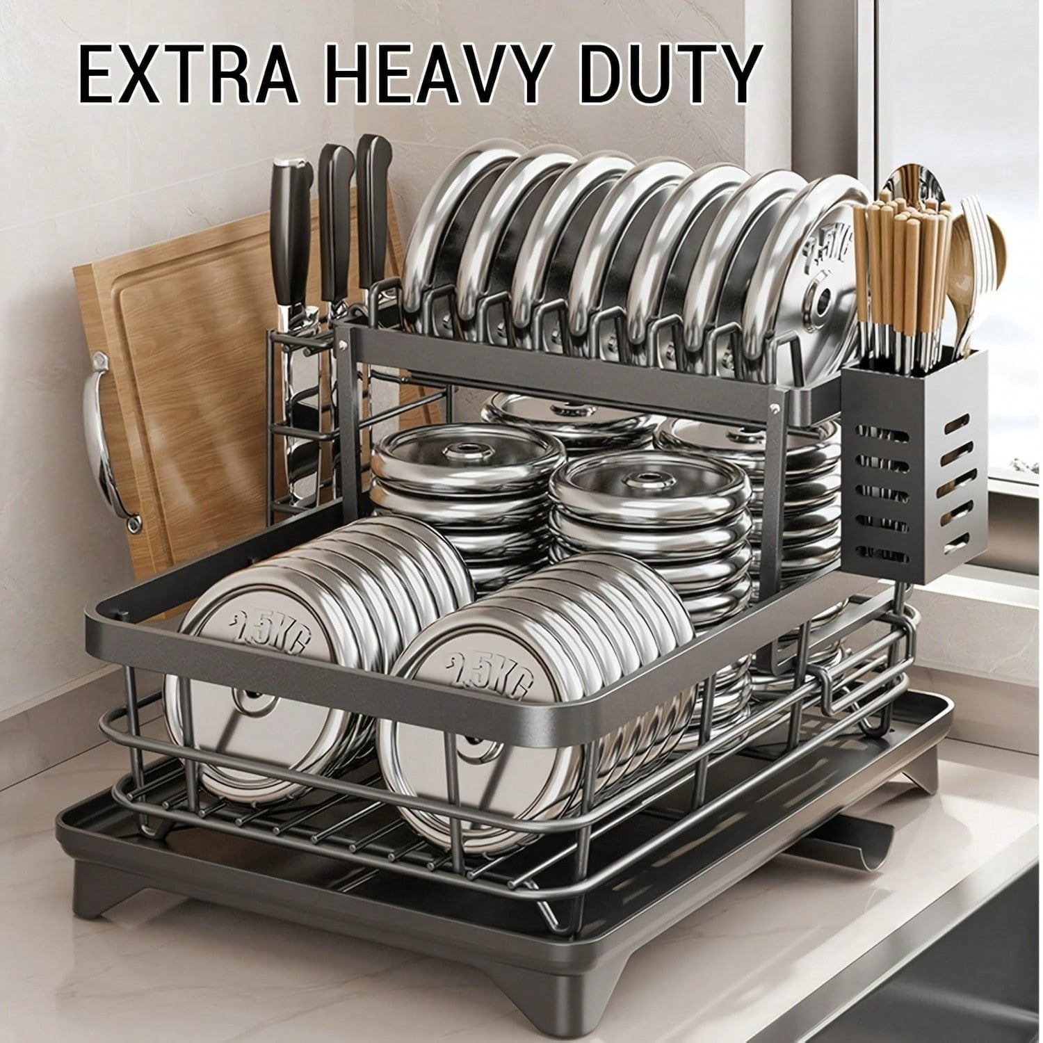 2 Tier Stainless Steel Dish Drying Rack, Black Heavy Duty Kitchen Counter Drain Rack with Large Capacity Storage