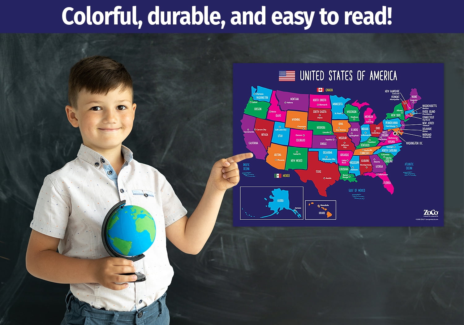 ZoCo: Laminated USA Map with State Capitals, 17" x 22" - Poster