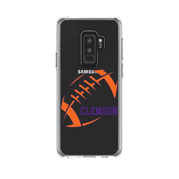 DistinctInk Clear Shockproof Hybrid Case for Samsung Galaxy S9  PLUS (6.2" Screen) - TPU Bumper, Acrylic Back, Tempered Glass Screen Protector - Clemson Football - Orange, Regalia Purple