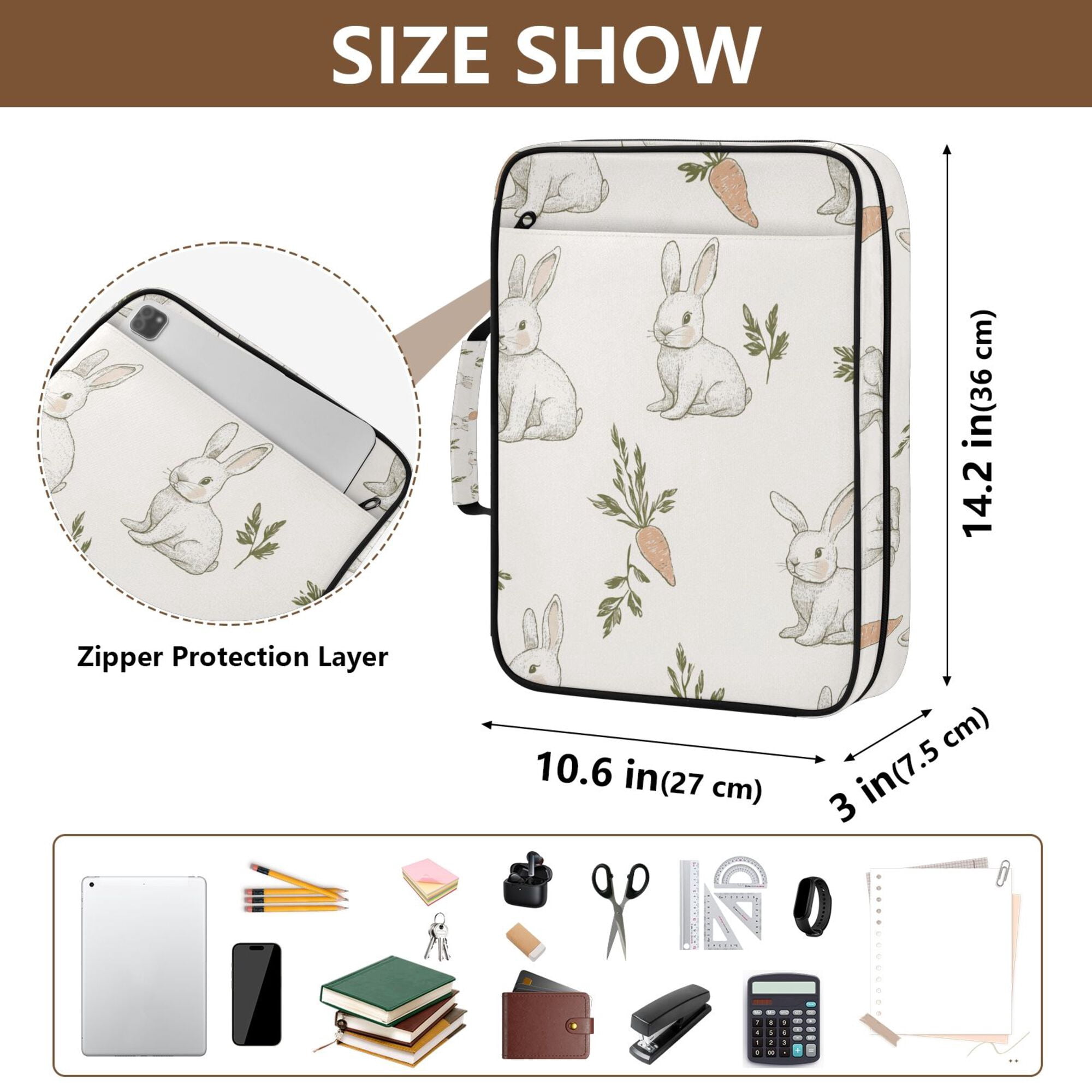 FORMRS Accordion File Folder A4 Size 7-Pocket Expanding Document Organizer Bag with 3 Ring Binder, Beige Rabbits and Carrots