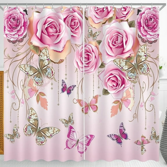 Whimsical Pink Roses & Butterflies Shower Curtain - Elegant Watercolor Design