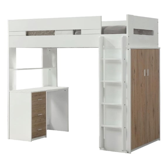 Benjara Wooden Twin Size Loft Bunk Bed with Workstation- White and Brown