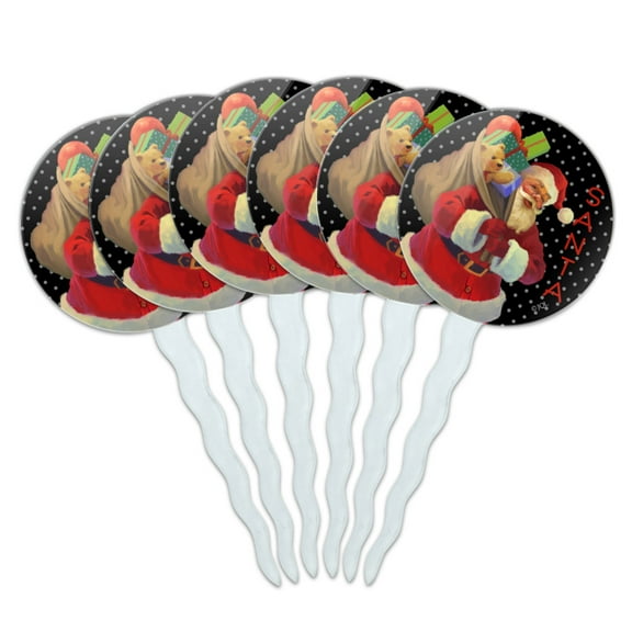 Christmas Holiday Santa Sack Graphic Cupcake Picks Toppers Decoration Set of 6