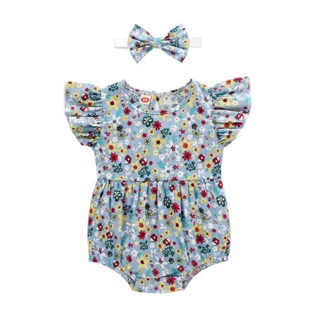 

Xingqing 0-24M Newborn Baby Girls Princess Romper Ruffles Flowers Sleeve Button Jumpsuits Sky Blue 6-12 Months