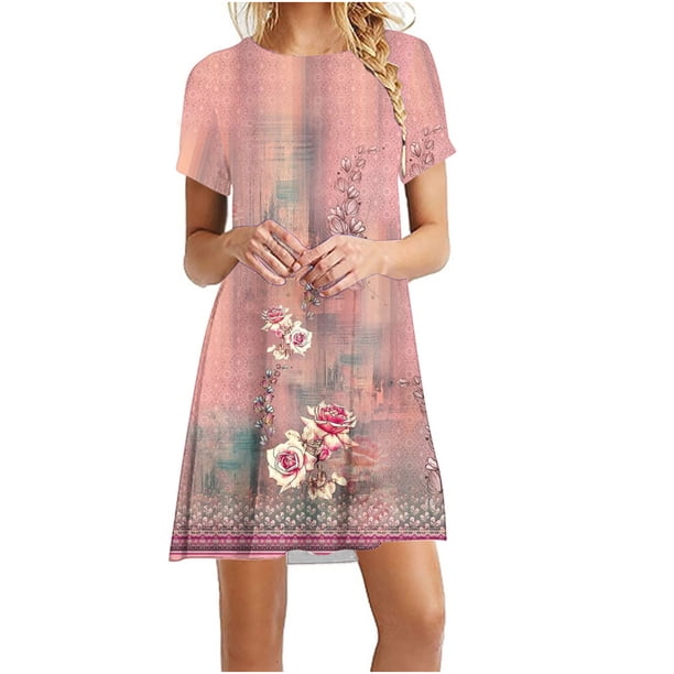 Puntoco Vestido De Cuello Redondo De Manga Corta Estampado Informal De Moda De Verano Para Mujer Rosa L,Regalos Para Mujer Joven