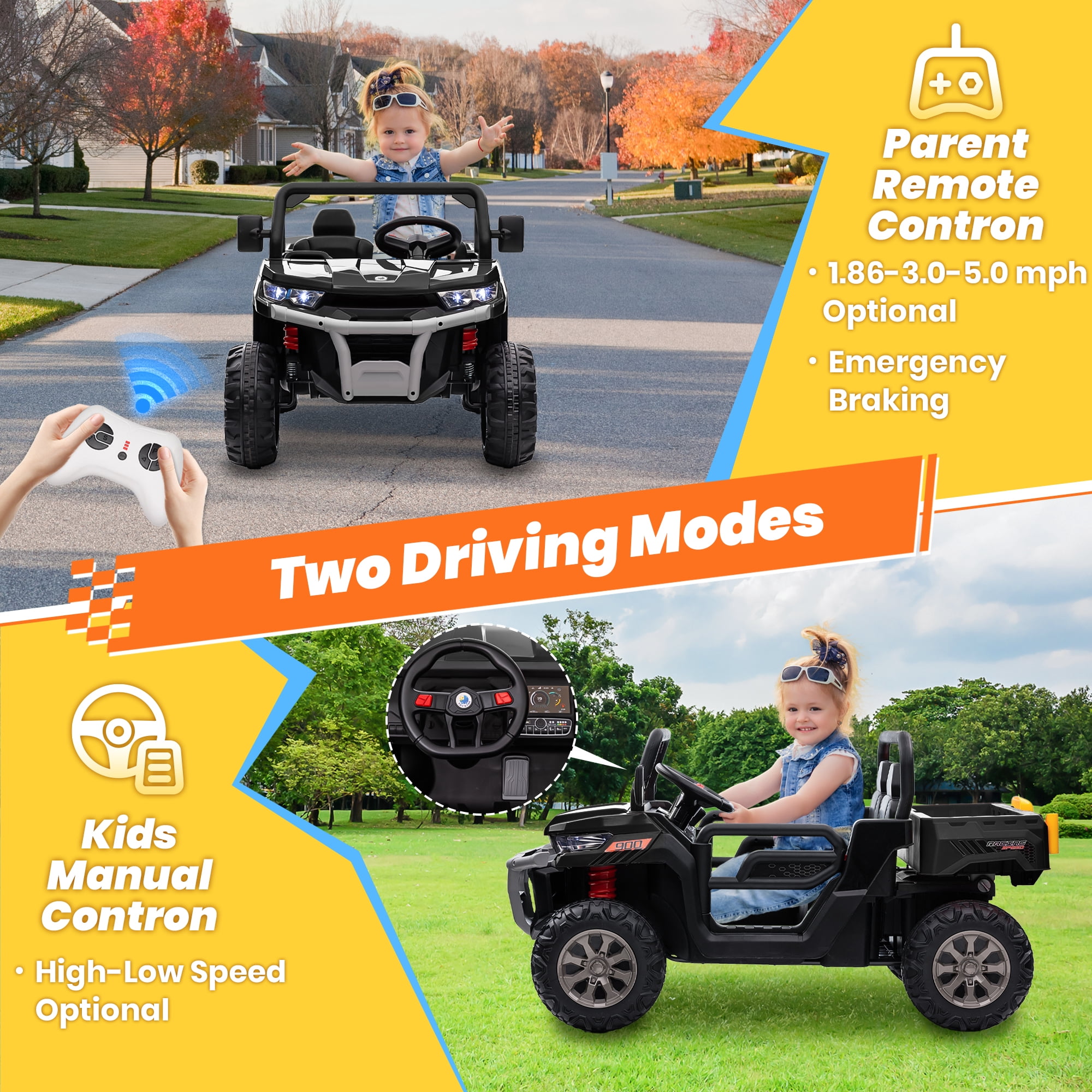 Joyracer 24 Volt Ride on Toys, 4WD Ride on Dump Truck for Kids, 2 Seater Ride on Car with Remote, Electric Power Car Wheels Toys with Trailer & Shovel, MP3/Bluetooth Music, Black