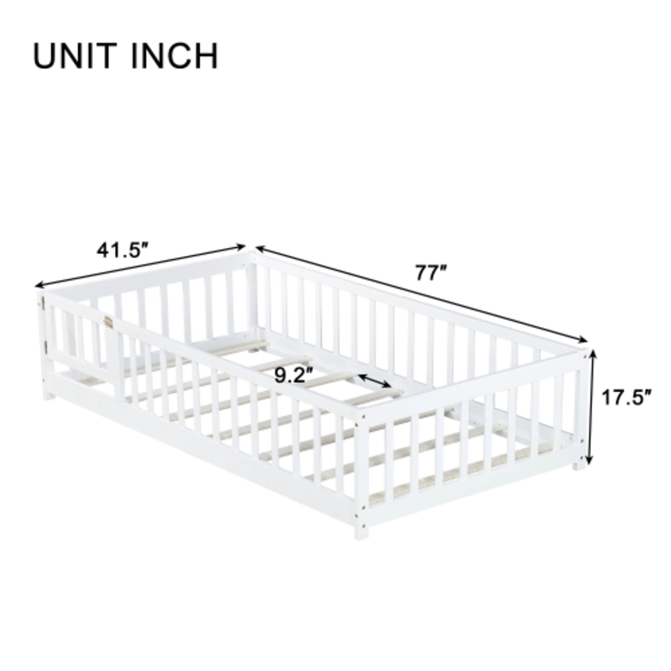 Noble House Mira Twin Floor Bed with Fence and Door, Sturdy Rubber Wood Montessori Bed Frame, Kid's Room, White