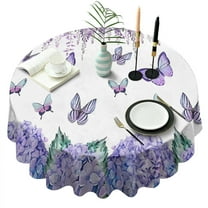 Purple Flower Butterfly Pattern Round Tablecloth 60"x60",Wrinkle Wipeable Table Cloth for Kitchen Dining Room Picnic Patio Party