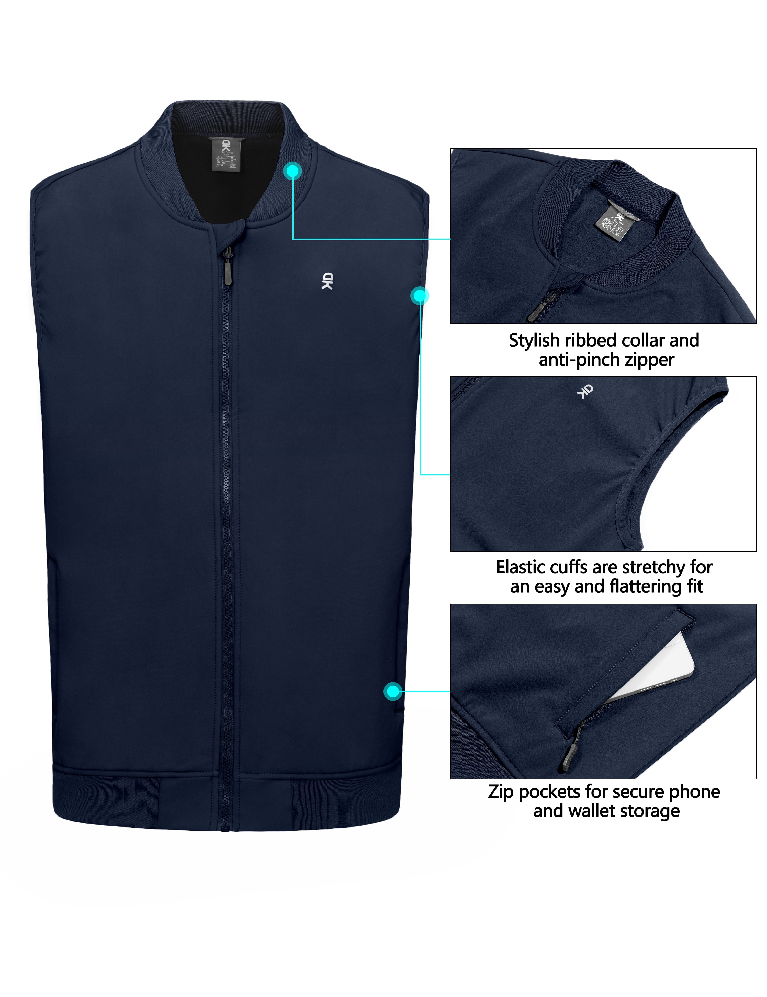 Little Donkey Andy Men’s Lightweight Softshell Vest Golf Outdoor Sleeveless Jacket Waterproof Windproof Winter Warm Fleece Lined Outerwear for Running Hiking Travel Casual Ensign Blue XL
