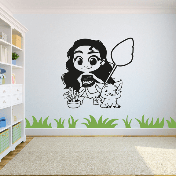 Cute Chibi Moana And Pua Pig Hei Hei Chicken Disney Movie Characters Vinyl Wall Art Wall Sticker Decal Home Kids Room Study Room Boys Girls Wall Décoration Design Wall Décor Size (20x18 inch)