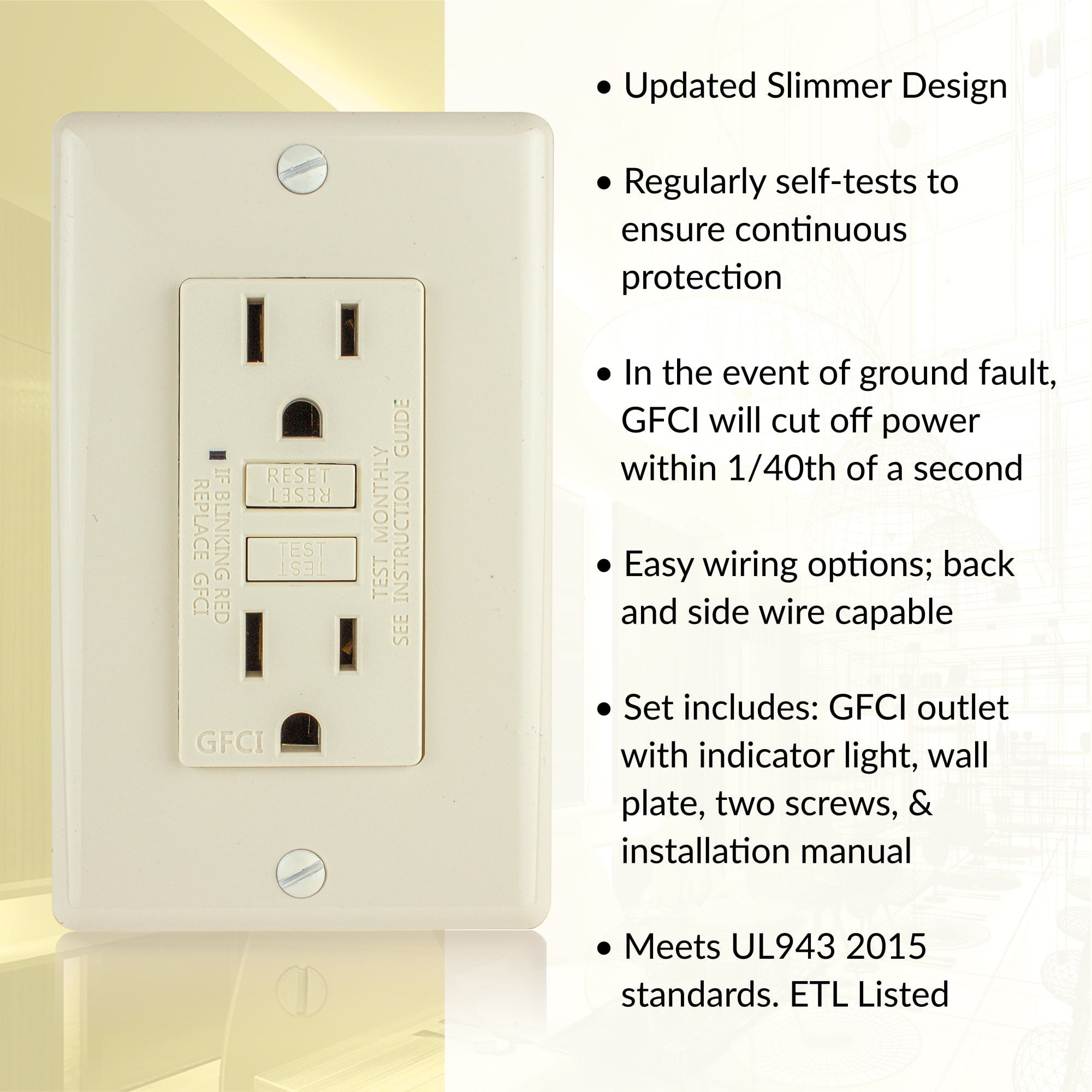 Faith 15A GFCI Outlets, Slim, Non-Tamper-Resistant GFI Duplex Receptacles with LED Indicator, Self-Test Ground Fault Circuit Interrupter with Wall Plate, ETL Listed, Light Almond, 10 Pack
