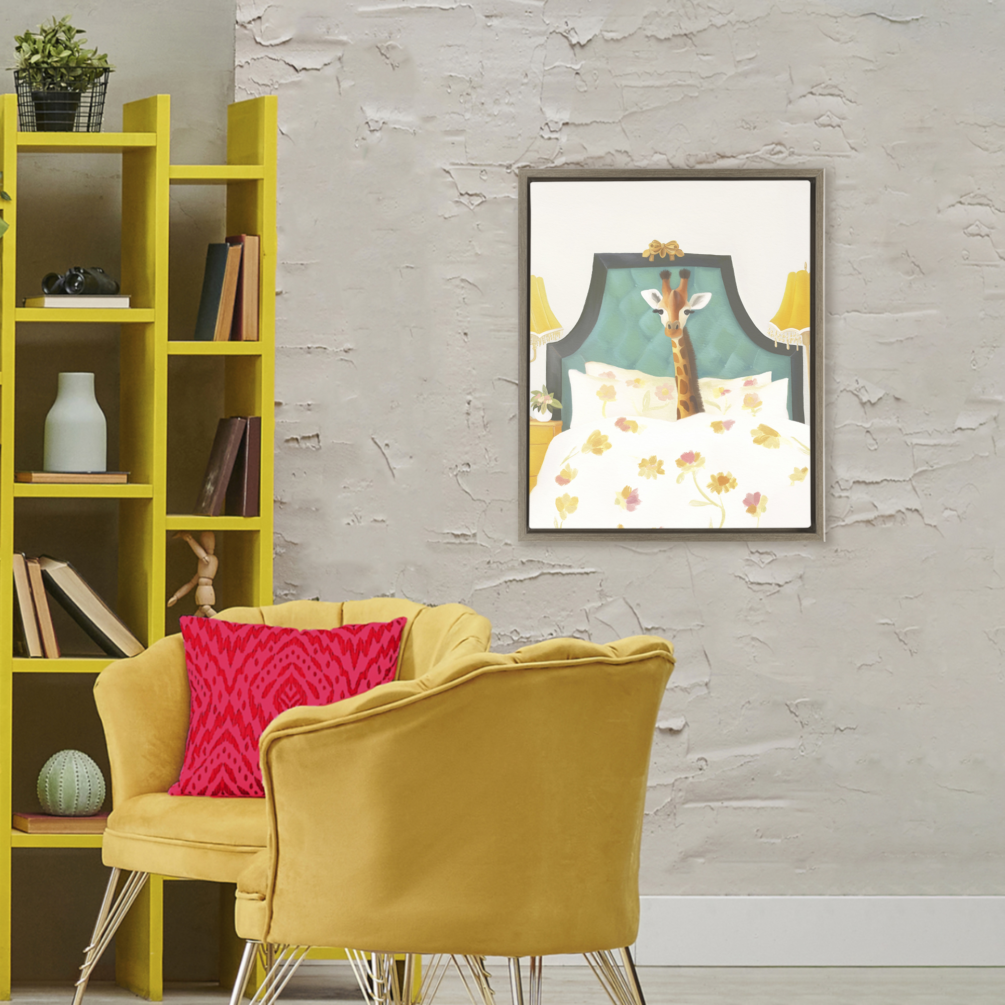Good Morning Giraffe in Bed Brown Framed Floater Canvas Wall Art, design by Leah Straatsma