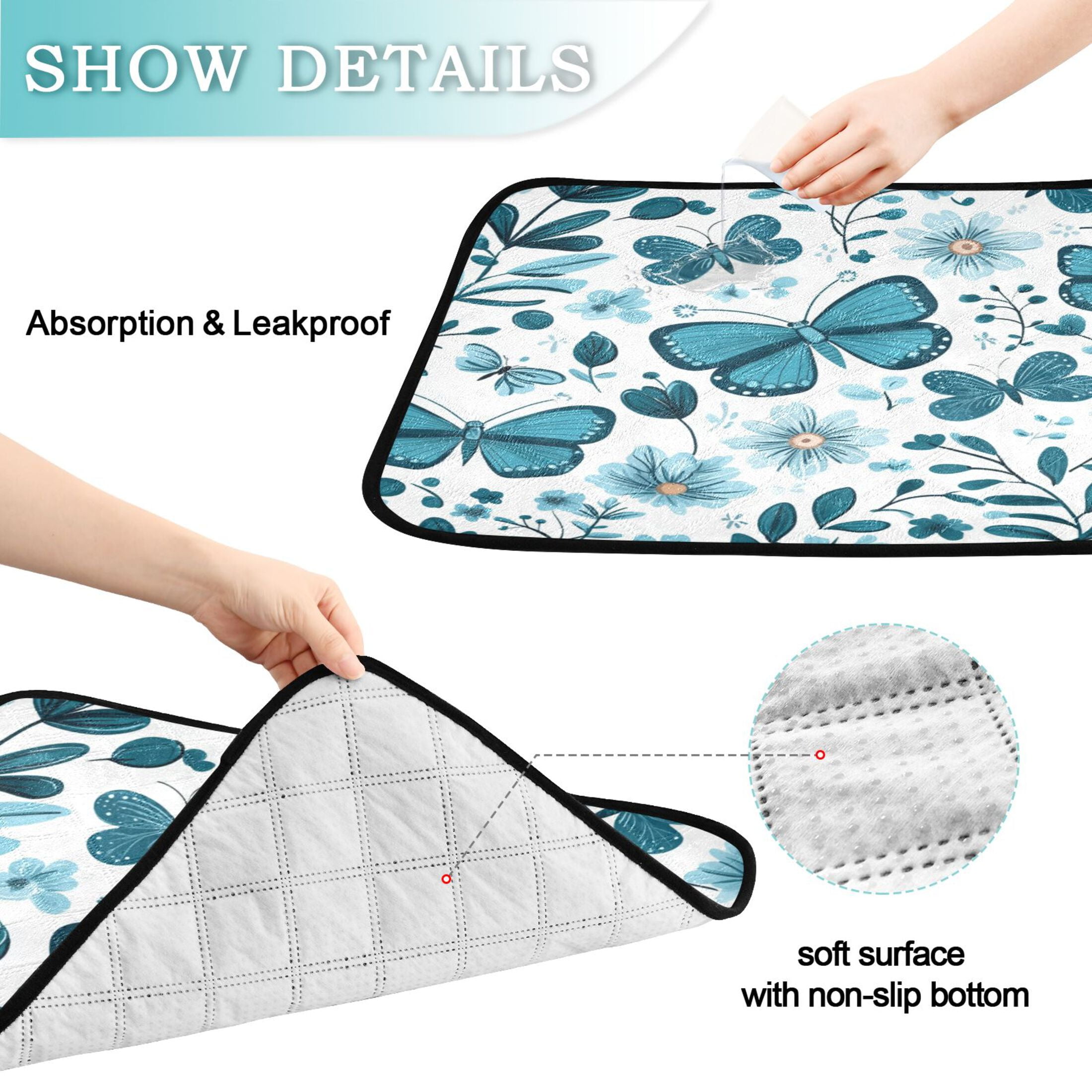 Qxltty Light Blue Butterflies Flowers and Leaves Cat litter Pads Pet Set of 3 Diaper Mats Center Anti-leakage Layer Absorbent Soft and Comfortable
