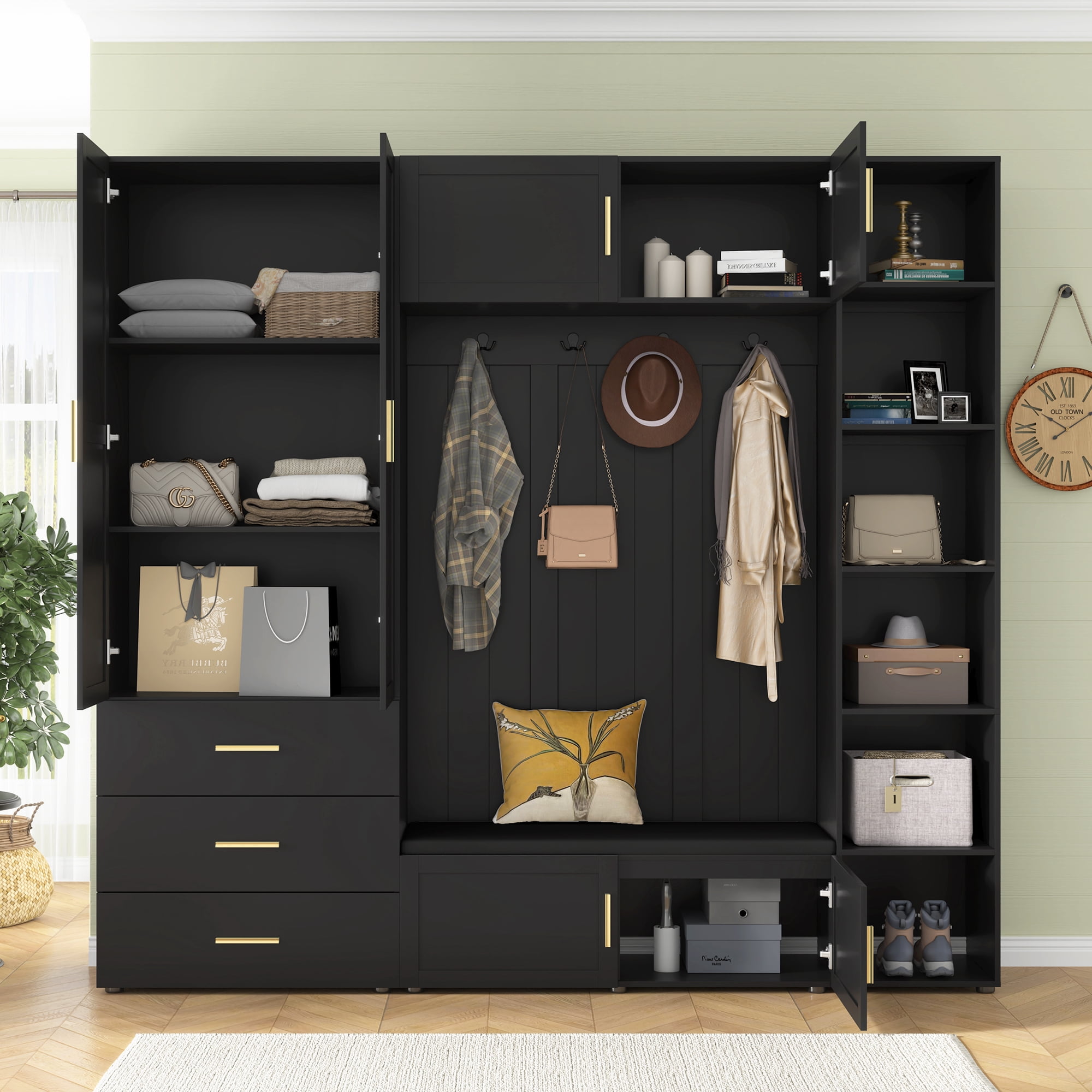 Mintazer 4‑in‑1 Hall Tree with Cushioned Shoe Bench & Hooks, Entryway Storage Organizer with Cabinets & Drawers, Adjustable Shelves for Mudroom Hallway, Black