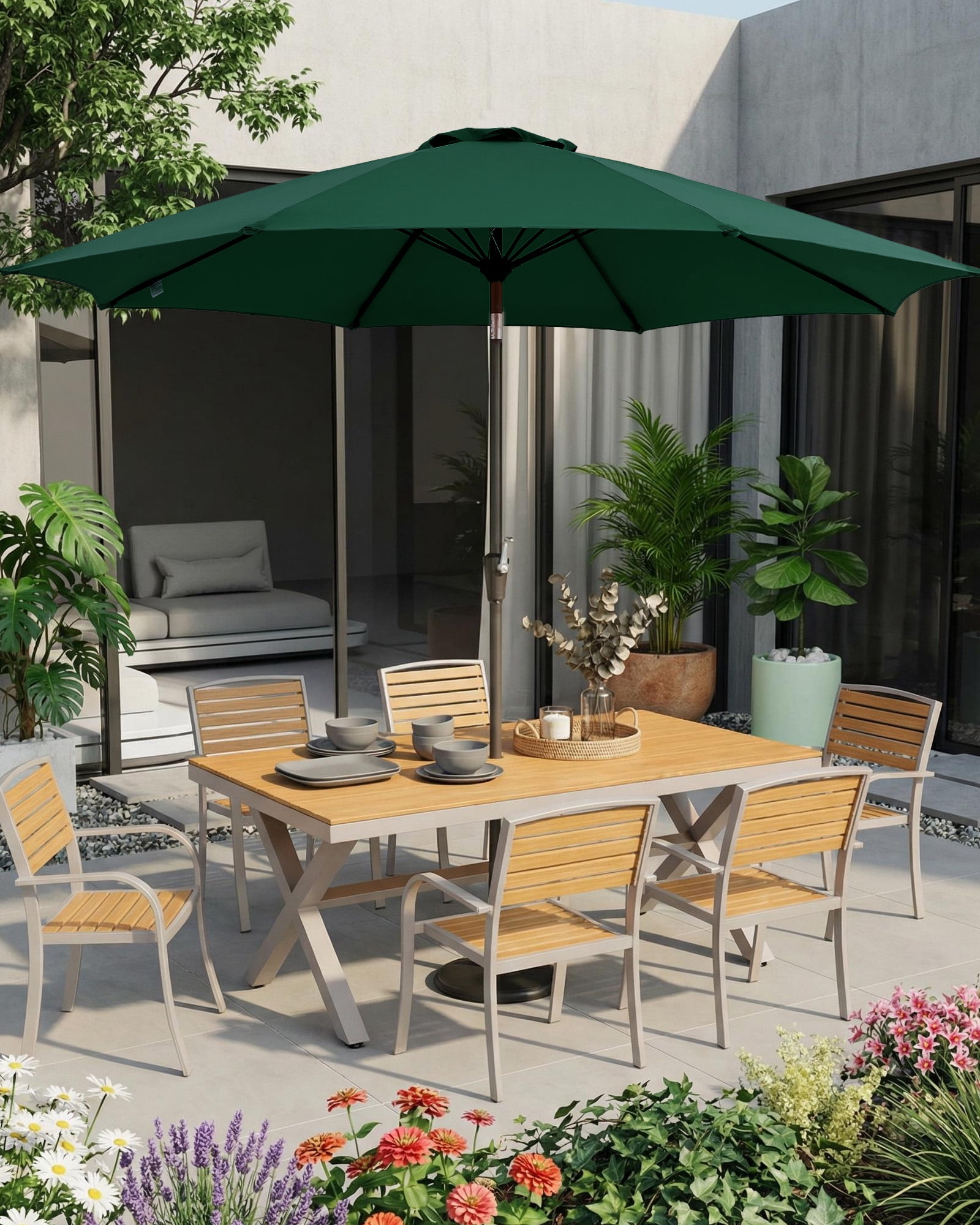 SOLLED 10FT Patio Umbrella with Push Button Tilt & Crank, Outdoor Market Table Umbrella with 8 Ribs for Garden Backyard Deck Pool,Dark Green