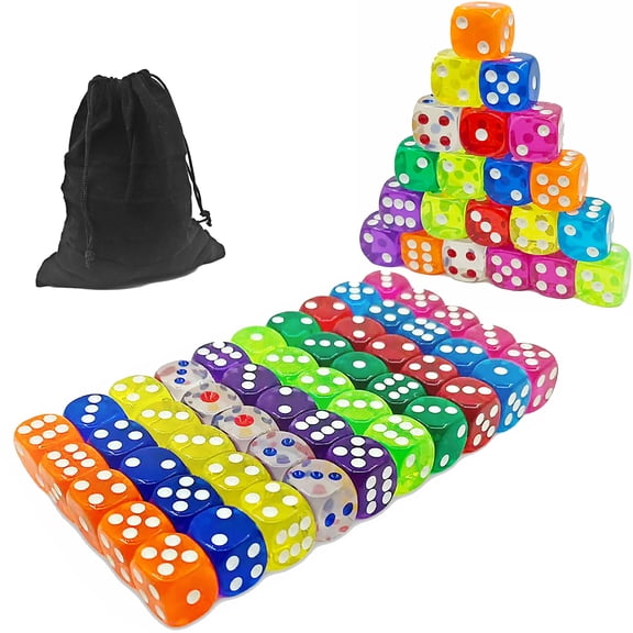 Minorsun 100 PCS Dice Set Bulk 16mm 6 Sided Translucent Colored Dice with Storage Bag, Clear Dice for Board Games Classroom Math Teaching Party
