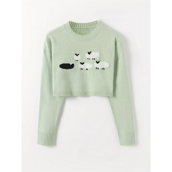 Round - neck Pullover Sweater with Little Sheep Knit Pattern