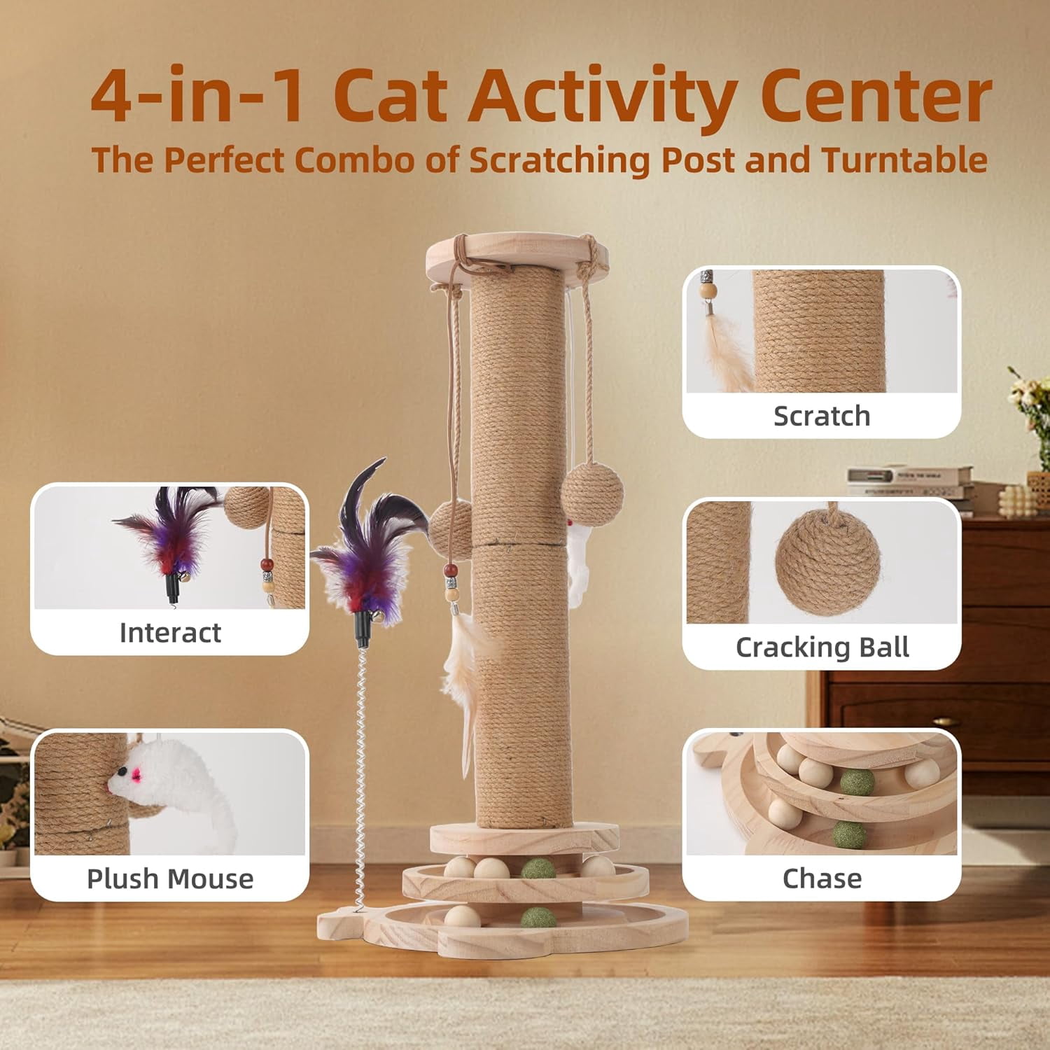 Cat Scratching Post, 4 in 1 Wooden Cat Scratcher Toy, 17.7" Tall Scratch Post with 2 Level Cat Track Balls, Interactive Feather Toy and 2 Sisal Hanging Balls for Indoor Kittens, Adult Cats