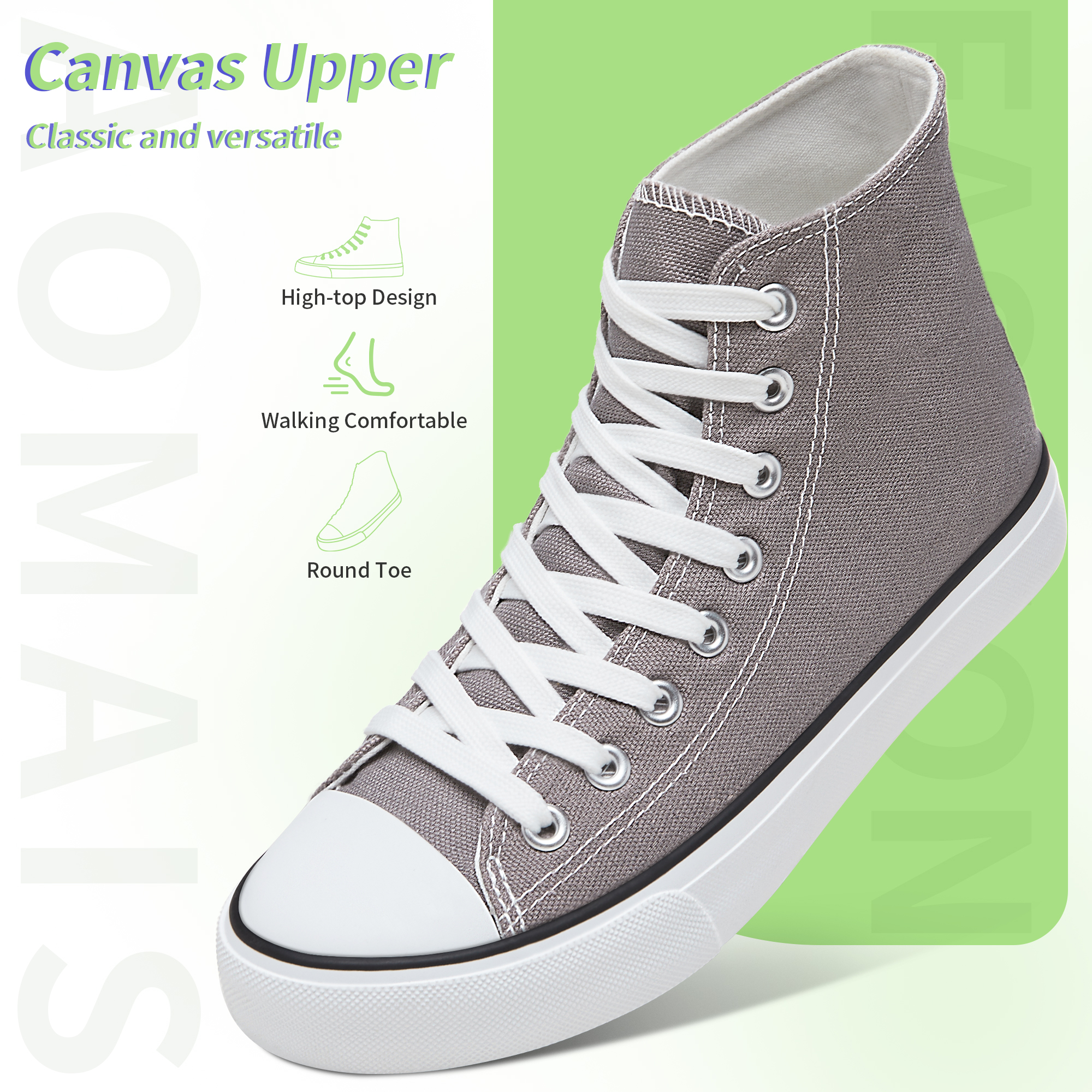 AOMAIS Womens High Top Canvas Sneakers Lace Up Mid Top Canvas Shoes Comfortable Non Slip Walking Shoes Casual Tennis Shoes for Women(Gray US9)
