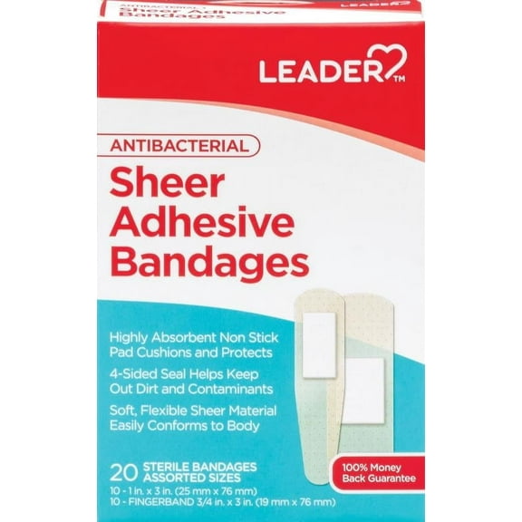 Leader Antibacterial Assorted Sheer Highly Absorbent Adhesive Bandage, 20ct