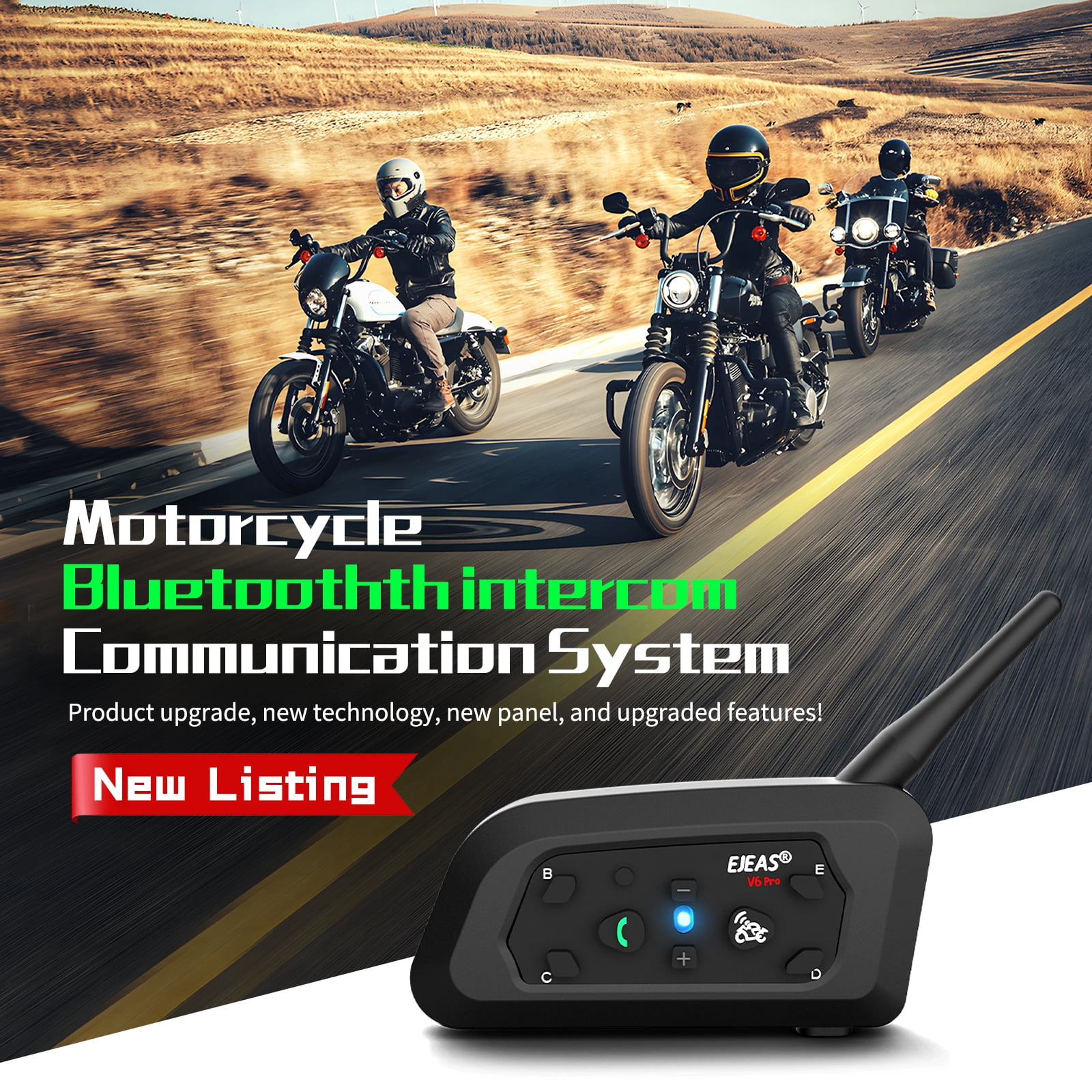 4Pc EJEAS Motorcycle Helmet Bluetooth Headsets V6Pro 2-Way 1200M Motorbike Intercoms Communication System for Ski/ATV/Dirt Motorbike/Off Road