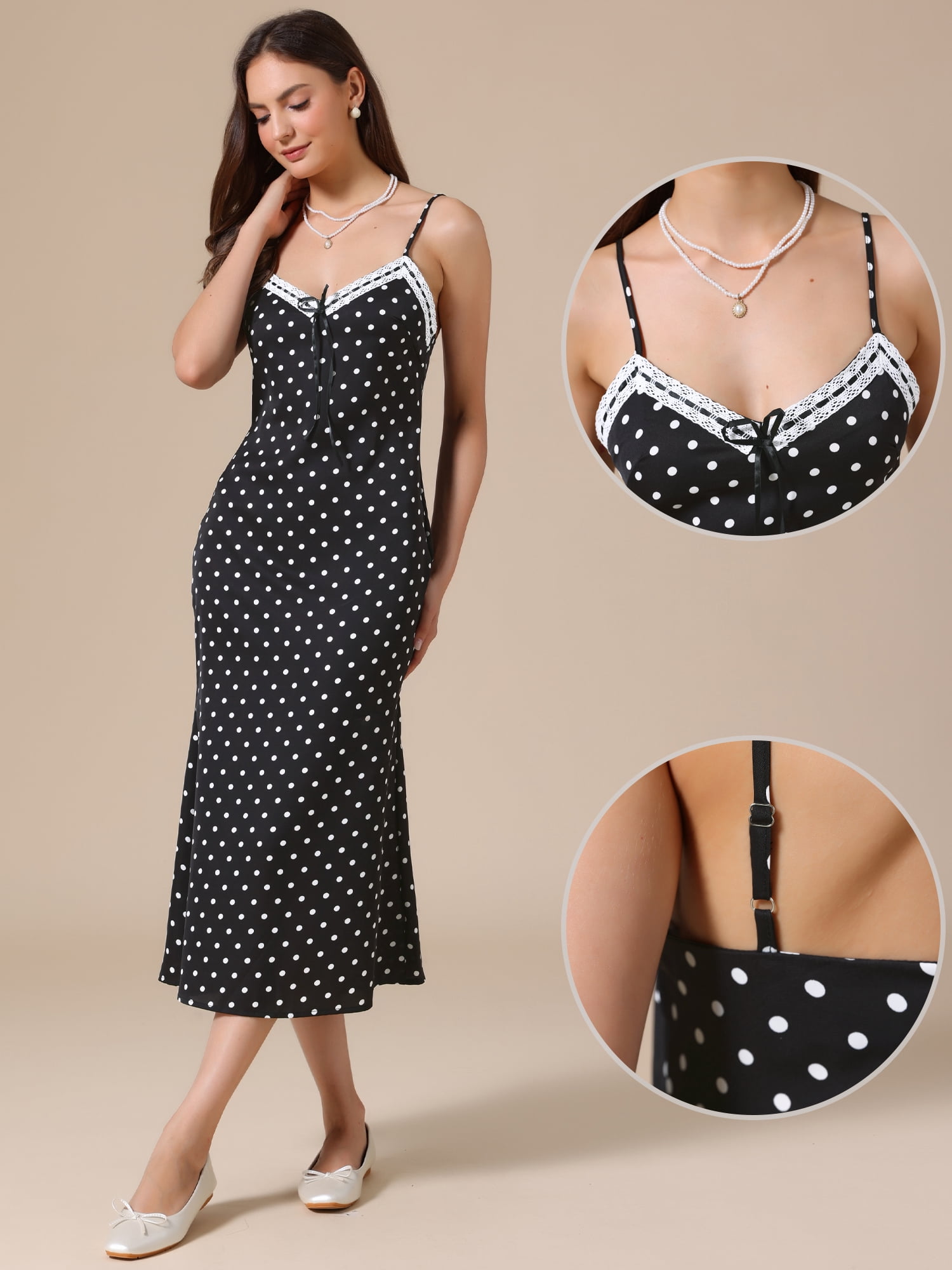 DARING DIVA Women's Polka Dots Sleeveless V Neck Spaghetti Straps Dresses M Black