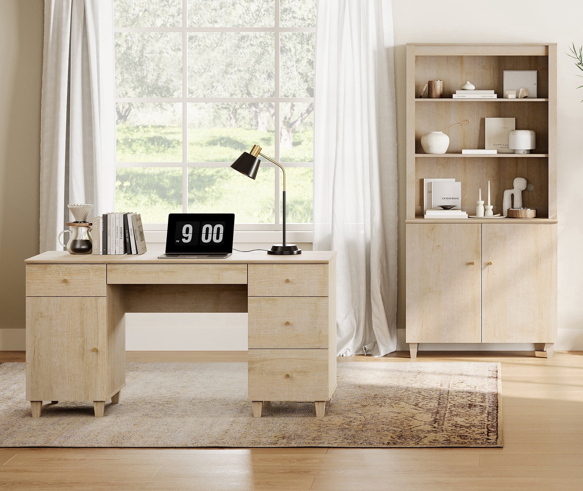 WAMPAT Home Office Furniture Set, 58" Executive Desk with Charging Station and Cabinet, 71" Tall Bookcase with Doors and Adjustable Shelves for Living Room, Natural Oak