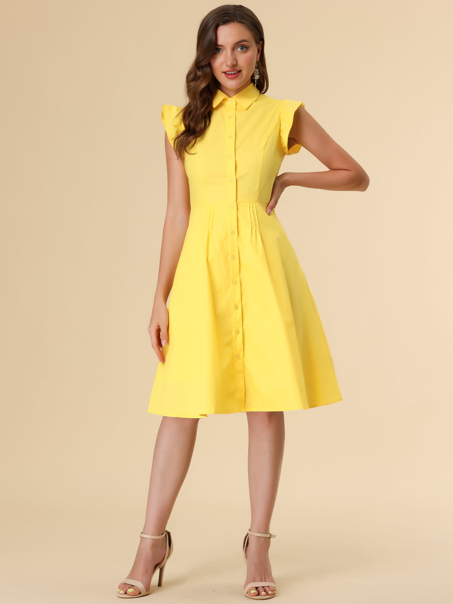 DARING DIVA Ruffled Sleeve Button Down Belted Knee Length Shirt Dress S Yellow