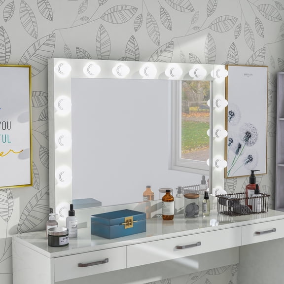 Roseanne Wood Mirror with Bulb, Luminous White