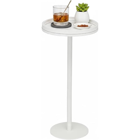White Martini Table, Modern Small Round Side Table, Minimalist Metal & Wood Pedestal End Table with Weighted Base, White Drink Table for Living Room, Small Spaces,Next to Sofa, 24.7" Tall