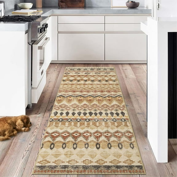 2x6 Runner Rug Vintage Distressed Geometric Hallway Carpet Machine Washable Non-Slip Indoor Long Rug Non-Shedding Accent Carpet Beige