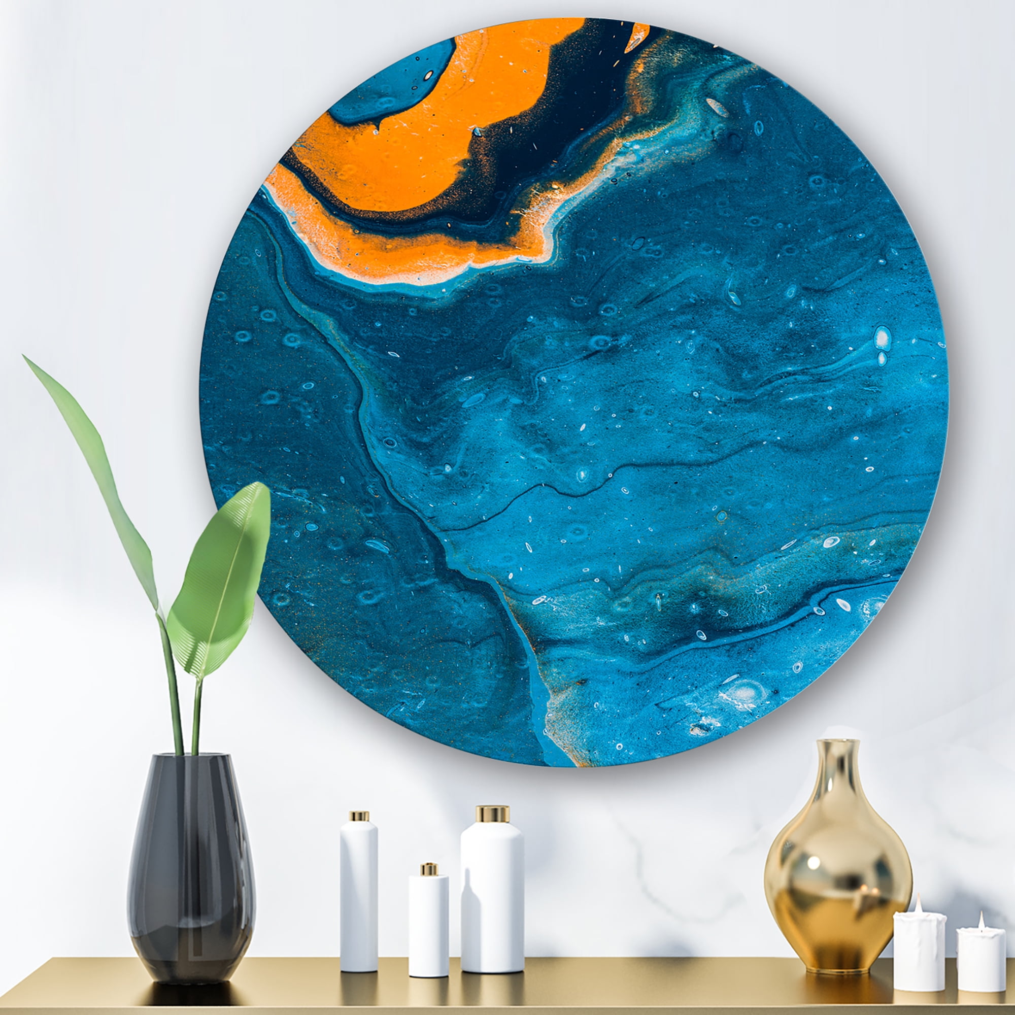 Designart 'Abstract Marble Composition In Orange and Blue III' Modern Circle Metal Wall Art 11x11 - Disc of 11