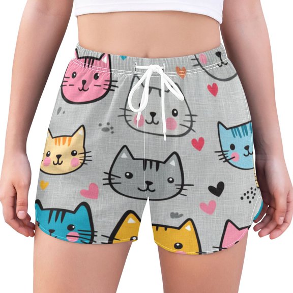 FORMRS Womens Swim Shorts Mesh Liner Quick Dry Casual Beach Board Bottom with Pockets, Sizes S-2XL, Cute Cat Pattern