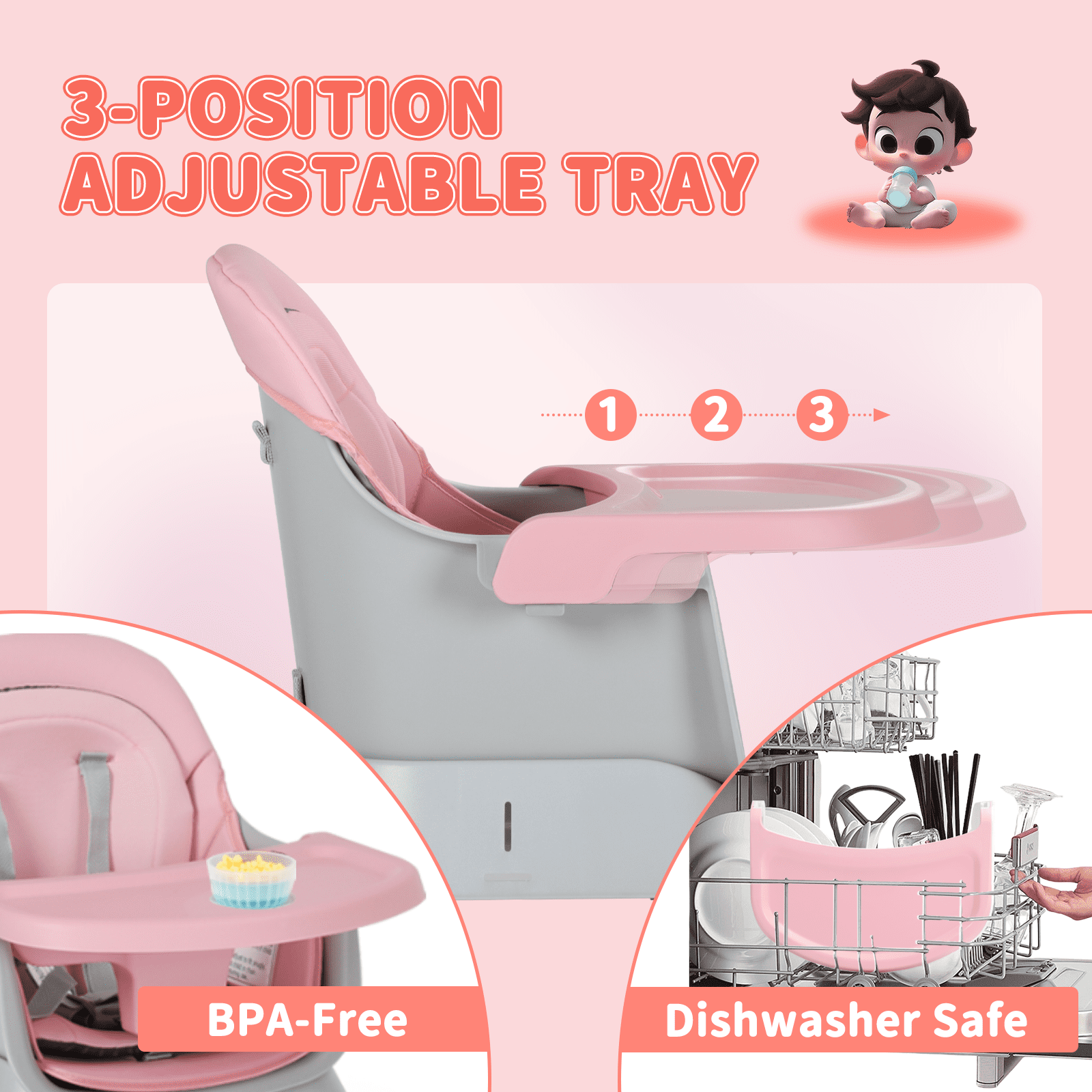 LINLUX 8 in 1 Convertible High Chair for Babies, Feeding Booster Seat for Toddlers, Pink