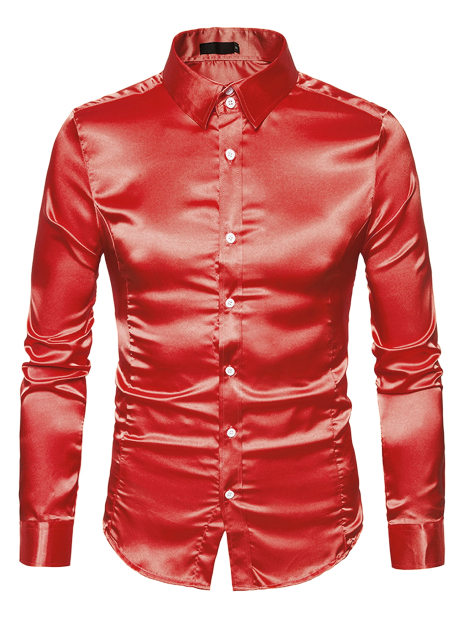 Unique Bargains Men's Satin V Neck Long Sleeves Button Down Prom Shirts S Bright Red