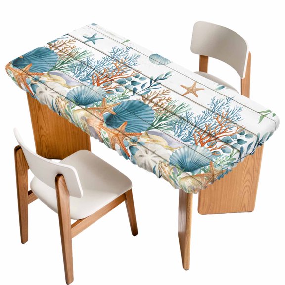 Teal Blue Coastal Table Cloths for 4 Foot Rectangle Tables, Summer Beach Starfish Shell Coral Nautical Vintage Patio Waterproof Elastic Fitted Tablecloths, Rectangular Table Cover for Camping