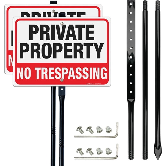 Faittoo Large No Trespassing Sign Private Property with 54" Metal Thick Stake, 2 Pack14"x10" Rust Free Heavy Aluminum, Reflective, Fade Resistant, Easy to Mount, Outdoor use