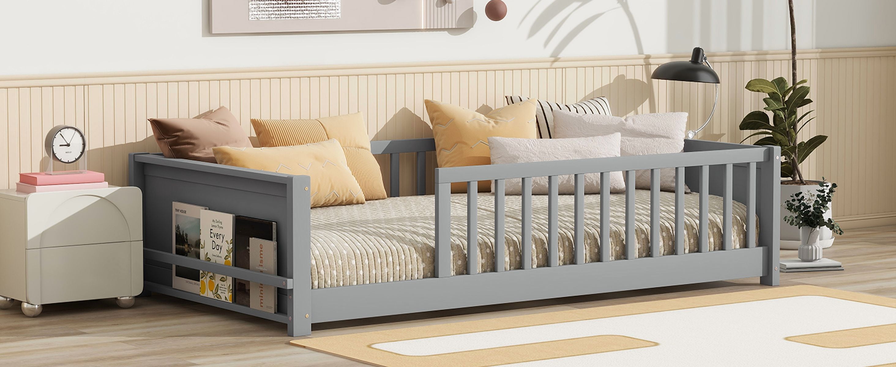 Yoneston Kids Twin Size Floor Platform Bed Frame with Built-in Book Rack Storage & Guardrails for Toddlers Teens Boys Girls Bedroom Furniture, Gray