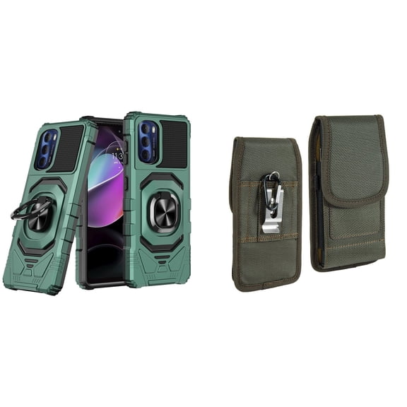 Case with Belt Holster Bundle for Moto G Stylus 5G 2022: Heavy Duty Shield Cover (Midnight Green) and Vertical Rugged Nylon Phone Pouch (Midnight Green)