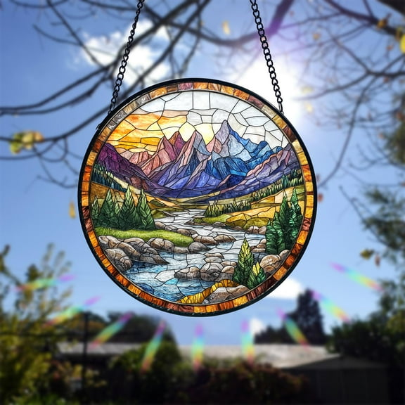 Mountain and River Stained Glass Suncatcher Nature Landscape Window Hanging Ornament, Vintage Mountain Art Gift