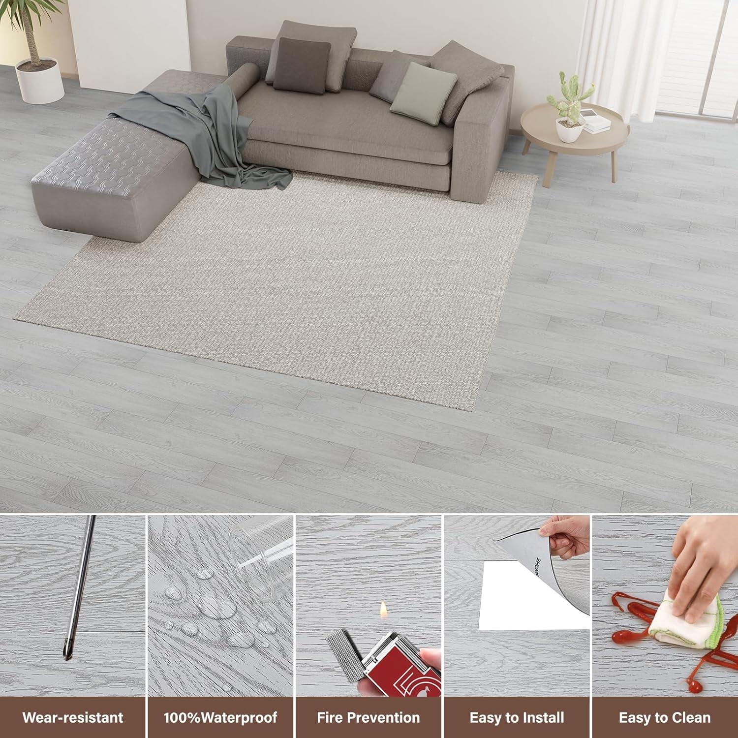 Peel and Stick Floor Tile, 36Packs 54 Sq. Ft Vinyl Flooring Plank 36"x 6" Peel and Stick Vinyl Flooring Tile Waterproof Wood Grain for Bedroom, Living Room, Kitchen, RV(White Gray)