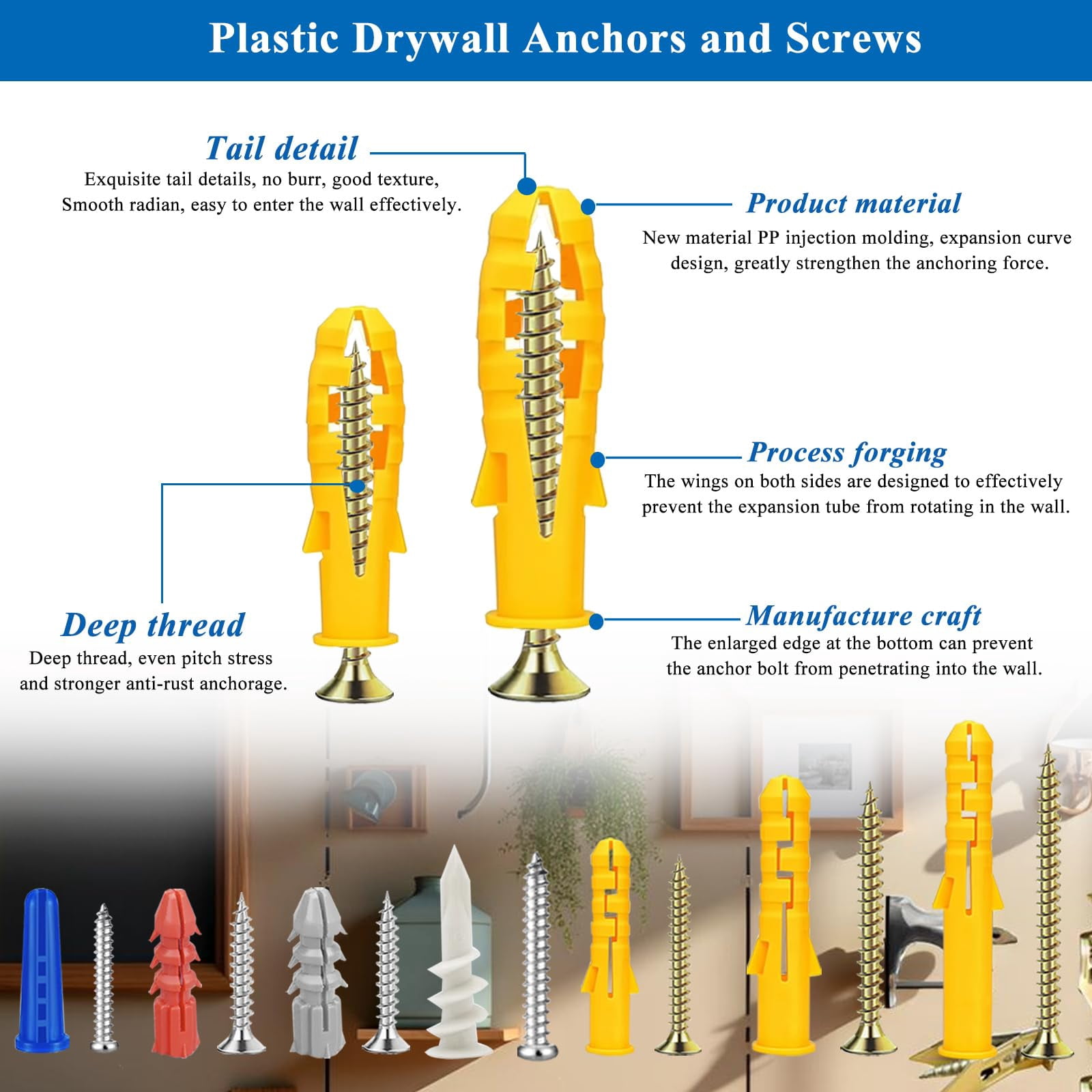 410 PCS Self Drilling Drywall Anchors with Screws Kit - 2 Sizes Sheetrock Anchors & 4 Sizes Zinc Expansion Screws,2025 Upgraded Zinc Plated Steel,No Drill Needed, Holds Up to 66LB on Walls