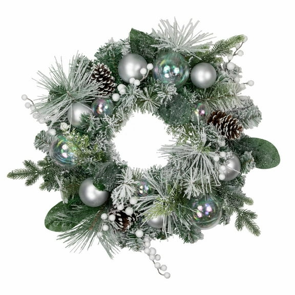 Northlight Flocked Pine Artificial Christmas Wreath with Iridescent Ornaments 24-Inch Unlit