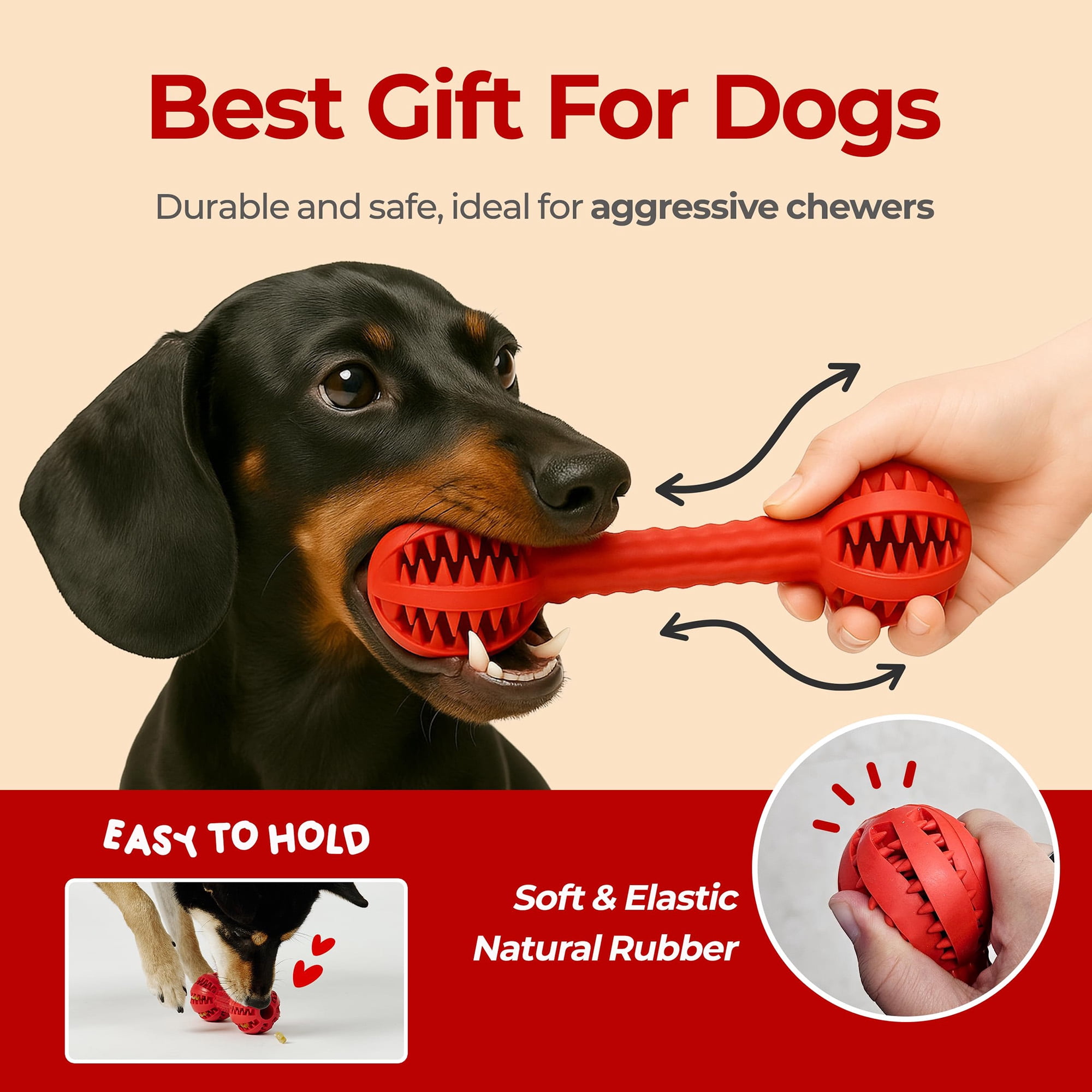 Durable Dog Chew Toy for Aggressive Chewers, Dental Cleaning Toy for Small Medium Dogs, Plaque Tartar Remover, Interactive Teeth Cleaning Chew Toy to Keep Dogs Busy, Red