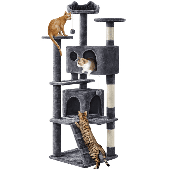 Alden Design 61.5''H Double Condo Cat Tree with Scratching Post Tower, Dark Gray