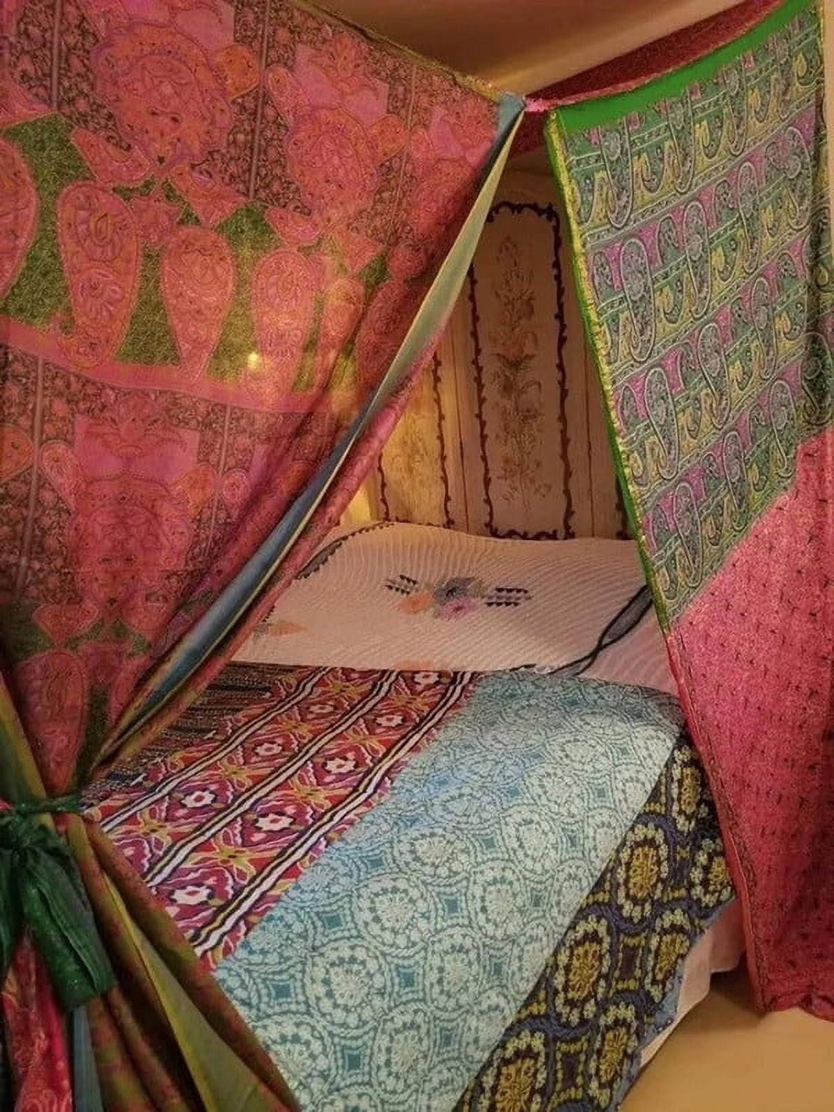 KLAVATE Silk Indian Saree Bed Canopy Ethnic Wedding Backdrop Full Queen King Size Bed Curtains