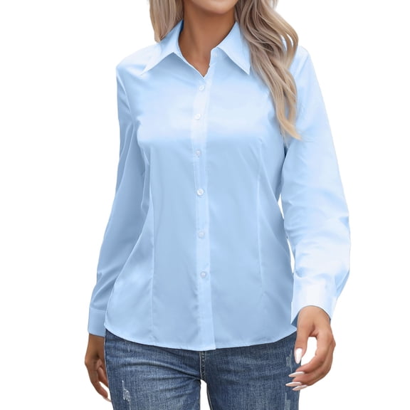 Women's Button Down Shirt, Long Sleeve Stretch Casual Blouse, Classic Regular Fit Work Top