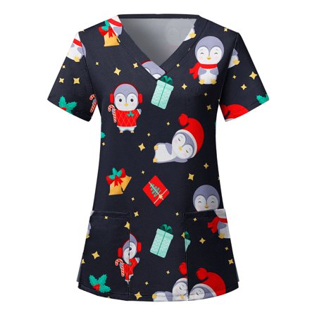 

TAIAOJING Scrubs Top for Women Ladies Christmas Print Short Sleeve Pocket Loose Workwear Shirt Casual Blouses Blusas De